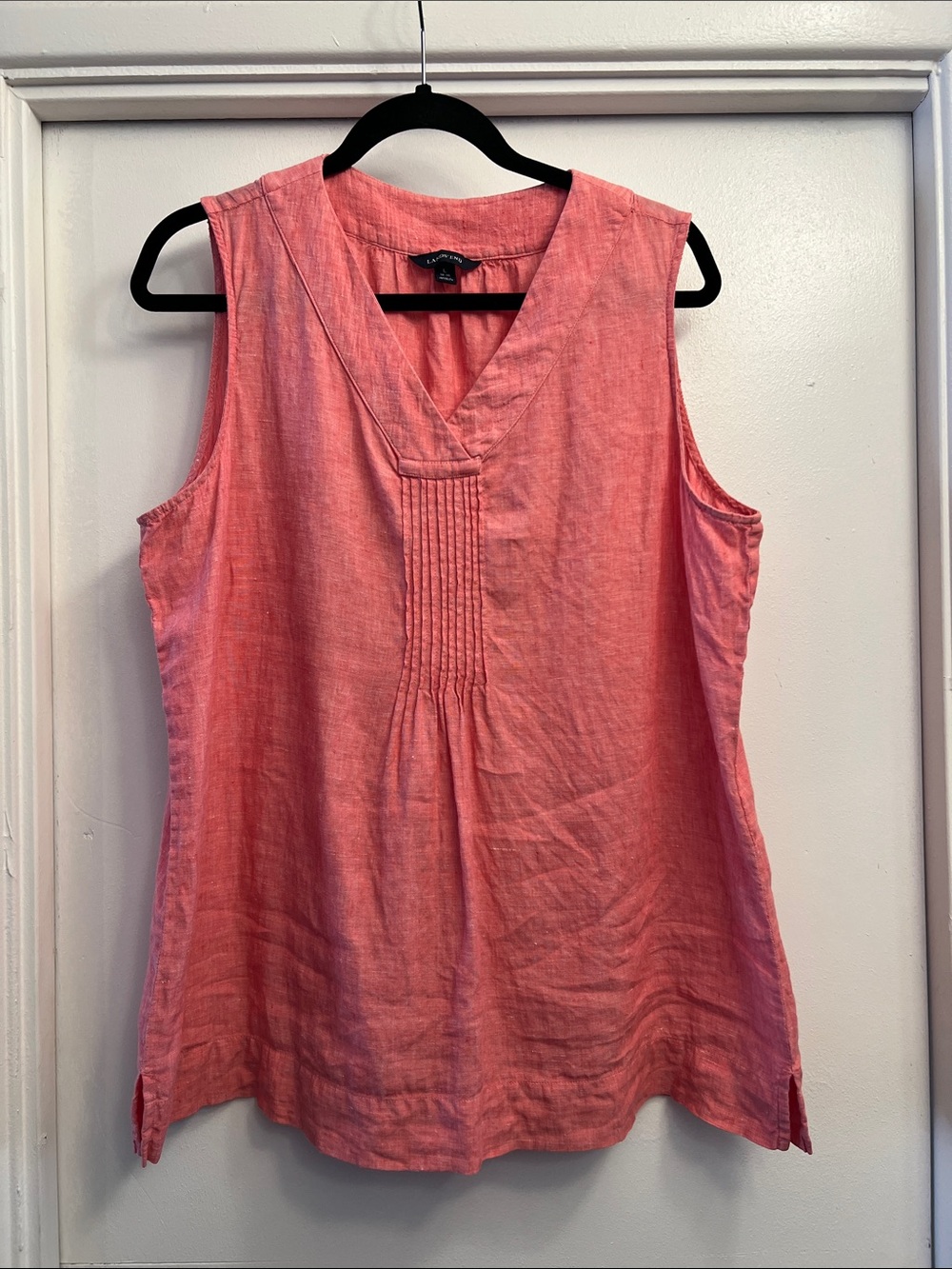 Lands' End Coral Pink Sleeveless V-Neck Pintuck Linen Top Size Large